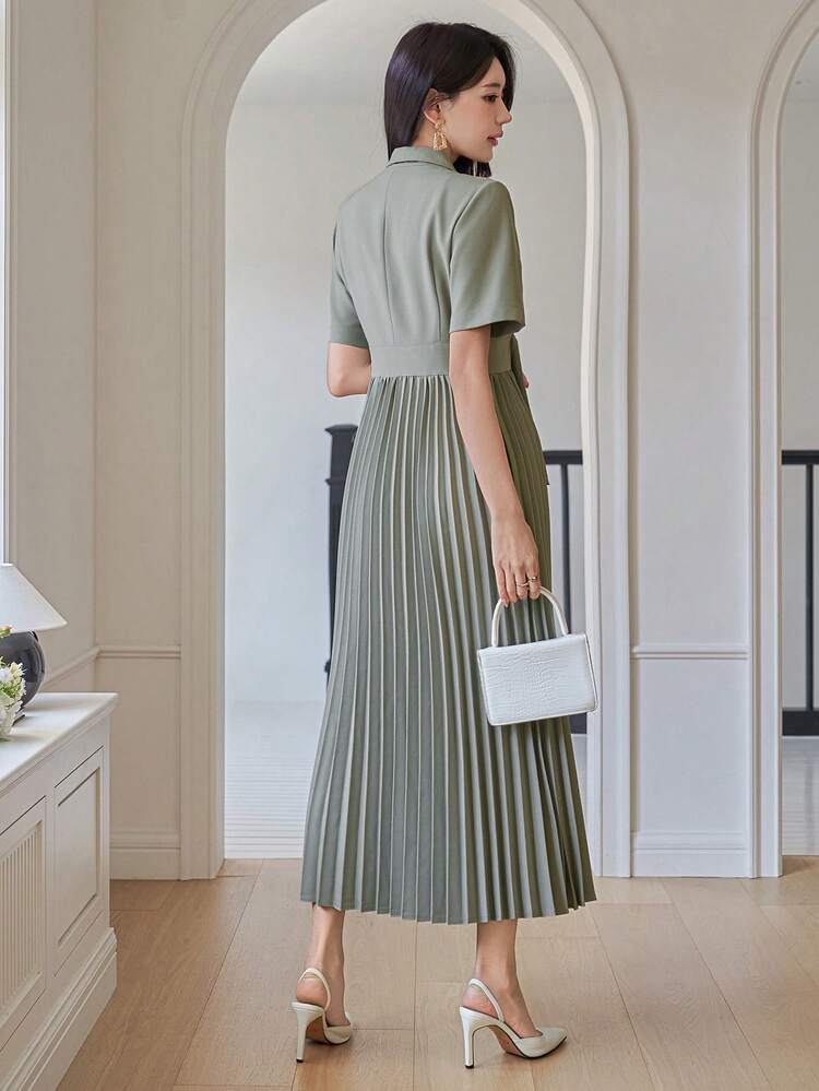 Women's Elegant Solid Color Pleated Single-Button Long Sleeve Dress,Wedding Guest Dress Women Sundress