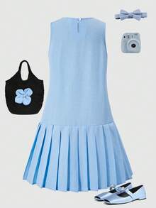 SHEIN 1 chiếc đầm chữ A màu trơn thanh lịch cho bé gái, trang trí nơ ruy băng, gấu đầm xếp ly, thích hợp mặc thường ngày vào mùa xuân/hè. - Màu xanh nhạt - Xem 2