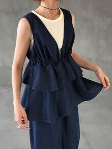 FRIFUL Women's Fashion Double Ruffle Hem Camisole & Denim Pants Set - Black - View 8