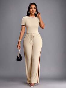 SOLERSUN Women's Summer Casual Multi-Contrast Color Crew Neck Top And Trousers Set Daily Casual Fall Clothes For Women Casual Women Outfits - Khaki - View 3