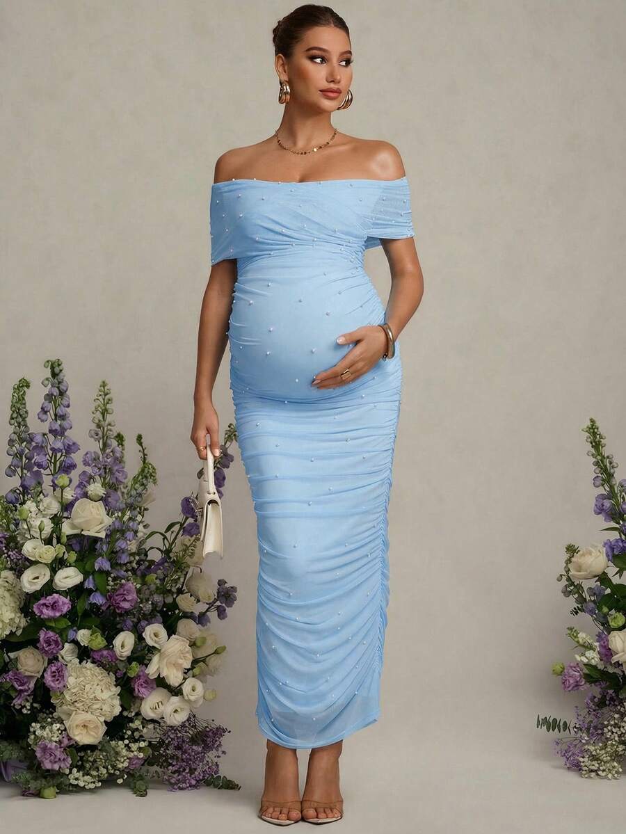MaterniChic Maternity Solid Color Ruched Off-Shoulder Elegant Short Sleeve Dress - Baby Blue - View 1