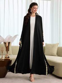 Al Najma Áo Abaya dáng rộng, đơn sắc, tối giản, màu trơn, xếp ly hai bên, tay dài, kiểu dáng thường ngày, dành cho nữ, mùa xuân/thu. - màu đen - Xem 3