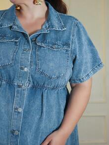 Pretty and Ole Plus Flap Pocket Shirt Denim Dress - Light Wash - View 3