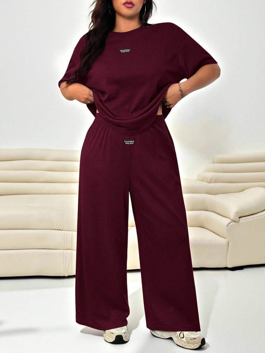 Solflare 酒红色纹理针织开衫上衣+宽松长裤休闲两件套，大码 - 酒紅色 - 查看 1