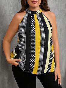 SHEIN Clasi Plus Size Women Polka Dot & Striped Casual Fashion Halter Shirt - Light Yellow - View 4