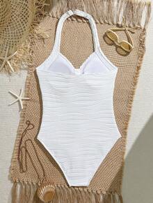 SHEIN 少女连体泳衣，白色波浪花纹面料，金属花朵装饰，沙滩度假 - 白色 - 查看 2