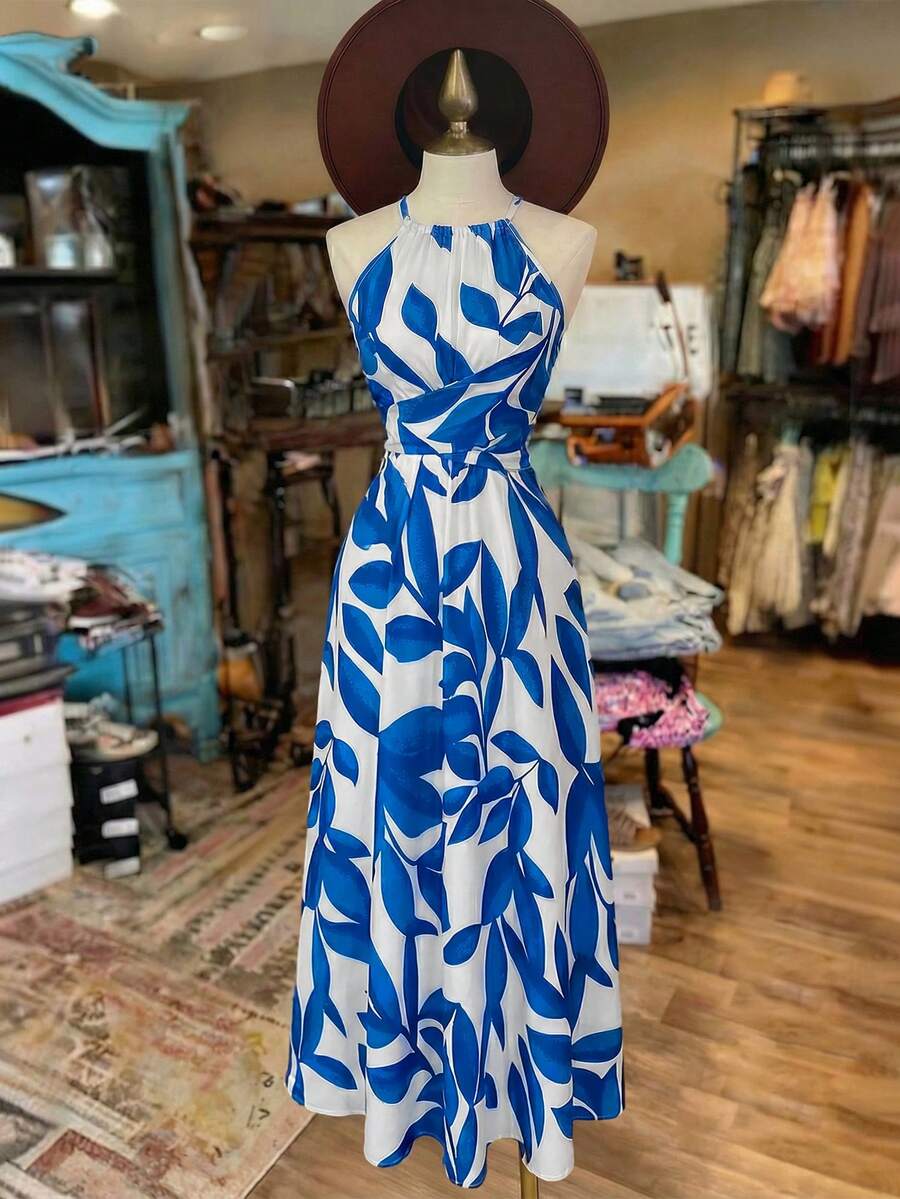 Elenzga Women's Blue Leaf Print Fabric Drawstring Neck Tie Design Waist Crossed Back Tie Waist A-Line Flowy Dress, Elegant And Stylish For Valentine's Day Party, Travel, Vacation, Street, Beach, Spring/Summer - Blue and White - View 1