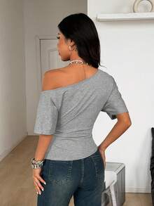 Coolane 女士休闲纯色不对称肩短袖T恤，夏季 - 灰色 - 查看 6