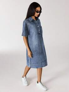 Flexra Women's Summer Polo Collar Short Sleeve Straight Loose Casual Denim Dress - Blue - View 5