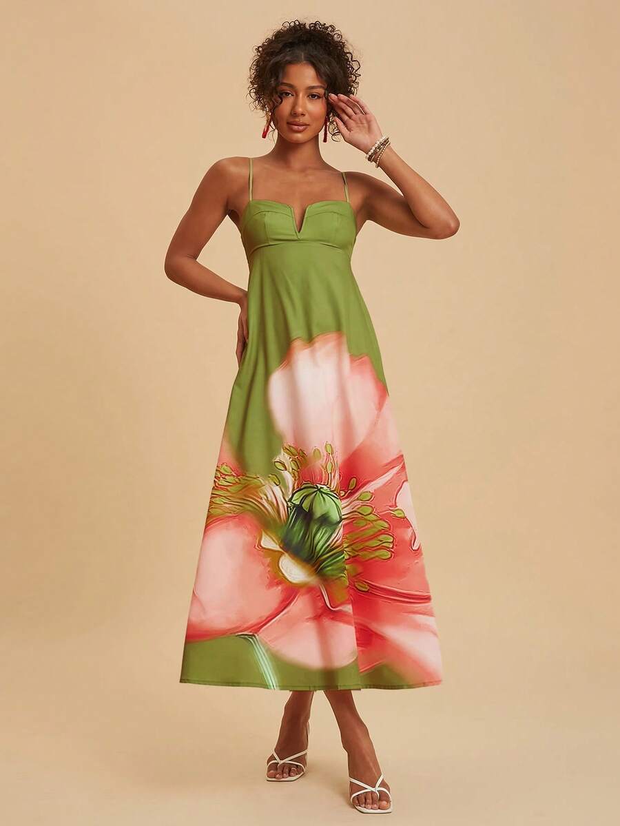 Travachic Elegant Floral Print Sleeveless Summer Vacation Dress - Green - View 1