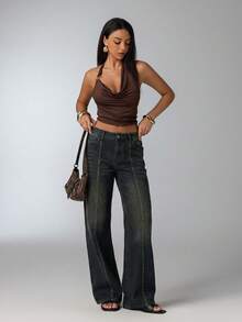 Aloruh 女士纯色休闲日常牛仔裤 - 藍色 - 查看 10