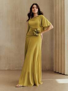 Anewsta Elegante bata con cuello en V, mangas acampanadas, unicolor, cintura plisada, fluida, con decoración floral 3D desmontable, adecuada para ocasiones formales, elegante bata tipo kaftan - Verde - Ver 5