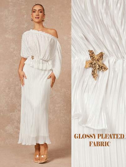 Lumalex Modern Elegant Fashion Internet Celebrity Style White Set: Two-Way Off One-Shoulder Top With Asymmetrical Sleeves  Starfish Metal Accent  And Ruffle Hem  Paired With An H-Line Maxi Skirt Skin-Friendly  Smooth  And Comfortable Charming Women's Attire In A Glossy  Textured Pleated Fabric  Perfect For Romantic Dates  Wedding Guest Outfits  Girls' Nights Out  And Summer Beach Holidays.