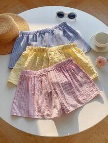 SHEIN EZwear 女士夏季三件套度假短裤，抽绳宽松款：一条粉色条纹短裤、一条米黄色条纹短裤和一条蓝色条纹短裤。适合度假外出穿着。 - 彩色 - 查看 2