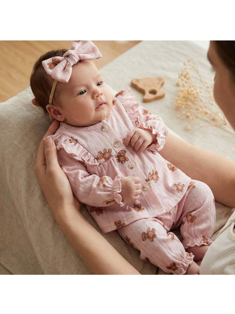 Loomiva Pink And Brown Cute Newborn Baby Boy/Girl Cartoon Bear Knit Ruffle Trim Cardigan And Pants 2-Piece Set,Autumn Family Matching Wildflower Pajama Outfit - Multicolor - View 1