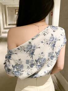 DAZY 女士碎花不对称肩部宽松上衣外出上衣 - 藍色 - 查看 3