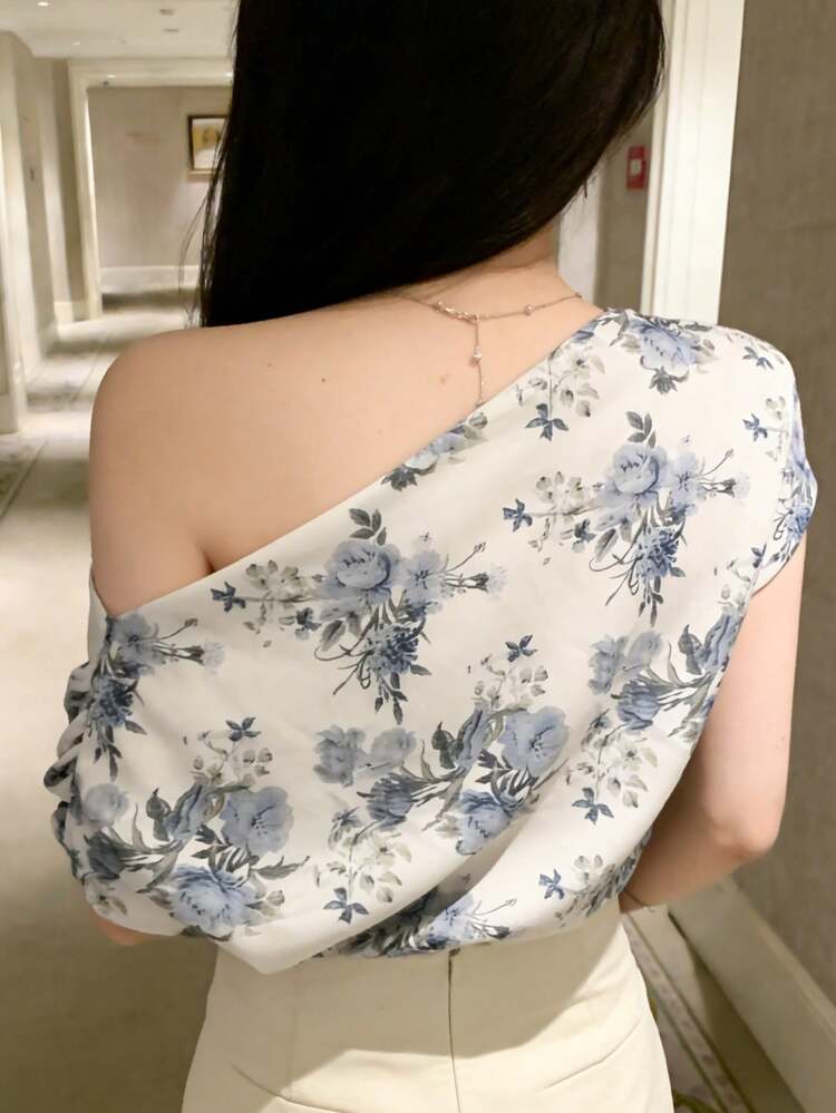 Women's Floral Print Asymmetrical Shoulder Loose Blouse Going Out Tops Women Summer Off The Shoulder Boho