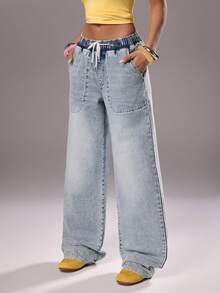 TRNVIE 时尚休闲弹力腰抽绳口袋低腰阔腿牛仔裤 - 中等水洗藍 - 查看 3