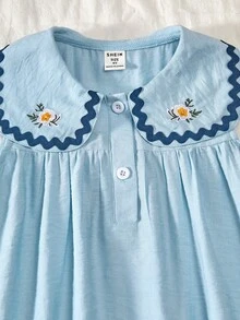 SHEIN Vintaside Kids 女童彼得潘领无袖褶皱优雅休闲夏季连衣裙 - 藍色 - 查看 3