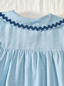 SHEIN Vintaside Kids 女童彼得潘领无袖褶皱优雅休闲夏季连衣裙 - 藍色 - 查看 4