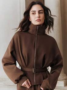 Anewsta 女士优雅上衣，都市时尚简约长袖可调节收腰卫衣 - 咖啡棕 - 查看 6
