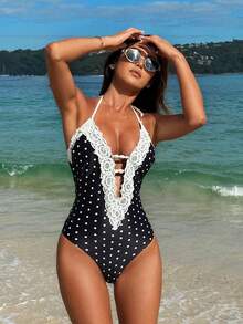 Swim Mod 新款波点蕾丝边连体泳衣，性感V领系带腰身，适合海滩、度假、约会 - 黑色 - 查看 1