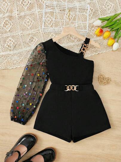 SHEIN Set de 2 piezas con top de punto de cuello asimétrico de unicolor + shorts para niña preadolescente