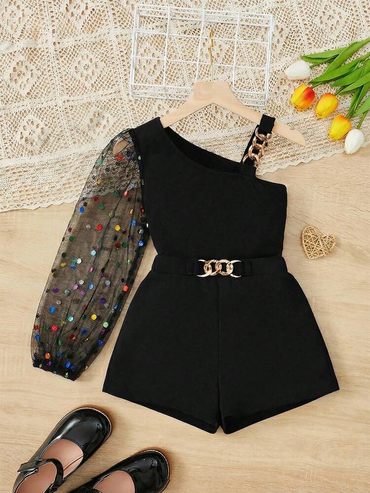 SHEIN Set de 2 piezas con top de punto de cuello asimétrico de unicolor + shorts para niña preadolescente - Negro - Añade 1