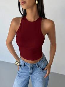 Aloruh 女士性感露背交叉吊带背心，夏季 - 酒紅色 - 查看 5