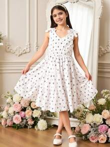 SHEIN Girls Lace Bowknot Strap Hollow Out Vacation Dress, Spring/Summer - White - View 8