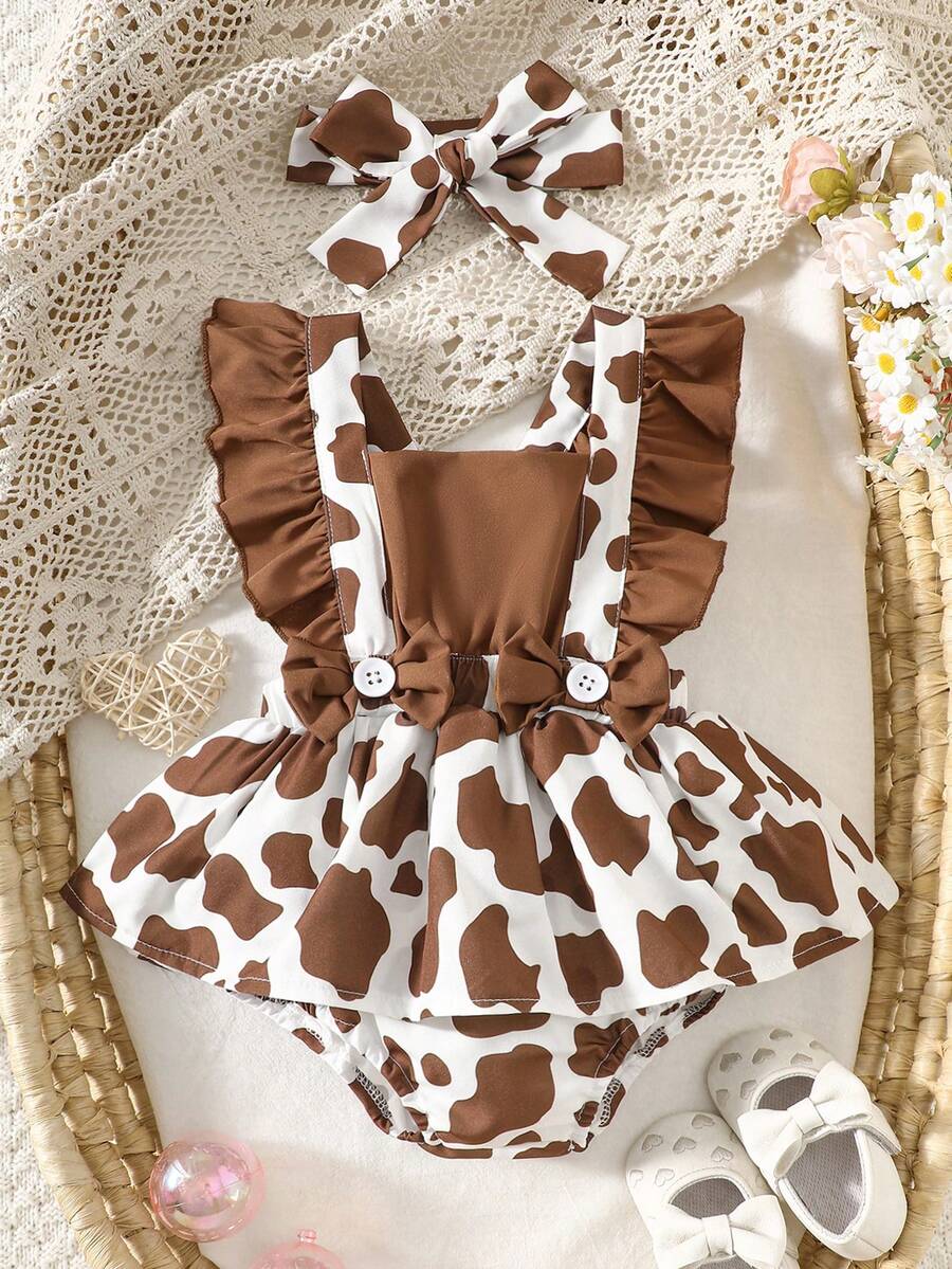 SHEIN Cute Baby Girls Brown Cow Print A Line Short Dress With Ruffle Sleeveless Square Neck Flared Hem Ruffle Details - Brown - View 1
