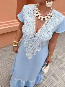 Breezaya 大码女式休闲度假沙滩仿亚麻蕾丝边V领短袖A字长裙，春夏款 - 藍色 - 查看 4