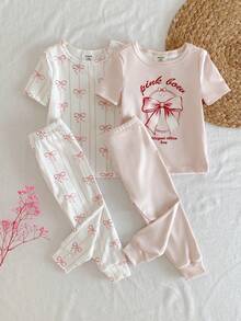 4pcs Baby GirlSoft & Skin-Friendly Butterfly Print Snug Fit Crew Neck Short Sleeve Top And Pants Pajama Set - Pink - View 3