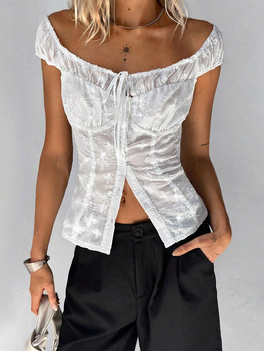 TRNVIE 女士优雅性感薄纱提花串珠开衫衬衫 - 白色 - 查看 1