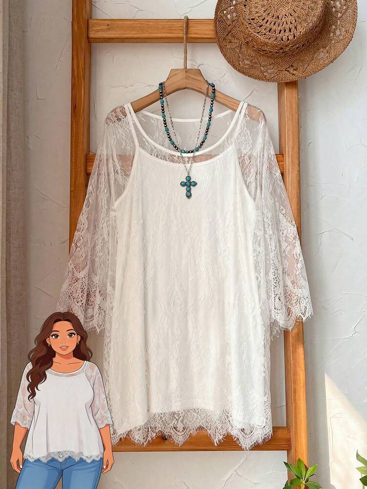 Plus Size Women Floral Lace Round Neck Loose Fashion Top For Summer/ Vacation Summer Top Spring Country Style For Women White Top