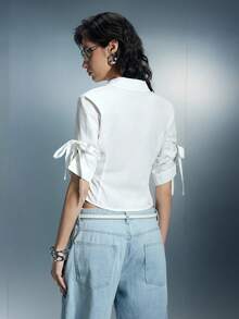 Airlisse Women's Retro High-Waist Long Sleeve Tie Design Button-Up Pleated Fitted Blouse - White - View 2