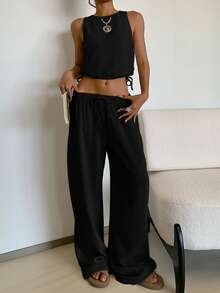 SHEIN EZwear Damset med enfärgat, ärmlöst minimalistiskt design, sommar, 2 delar - Svart - Visa 4