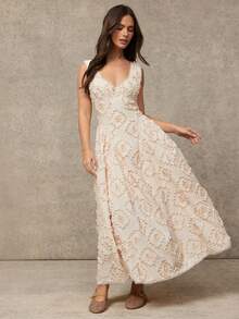 WESTFADE Embroidered Geo Applique Bustier Sweetheart Neck Underwire Cups Ruffle Sides Fit & Flare Sleeveless Midi Dress Spring Beach Vacation - Apricot - View 3