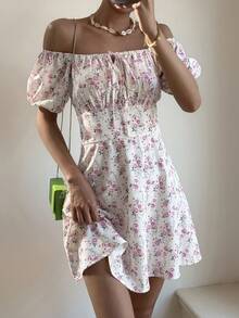 DAZY Robe mini élégante à imprimé floral avec nœud à l'épaule et taille cintrée, convient pour les sorties et les fêtes. Robe d'été bohème pour femmes en vacances - Rose bonbon - Voir 6