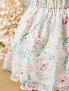 Young Girl Cute & Elegant White Floral Print Cutout Cap Sleeve Dress - Apricot - View 4