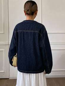 Livesso Women's Lace-Up Loose Denim Jacket, Autumn - Blue - View 2