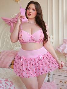 PetitDoll 3pcs Set: Sweet Floral Print Mesh Bow Underwire Padded Ruched Skirt Plus Size Sexy Lingerie Set - Pink - View 3