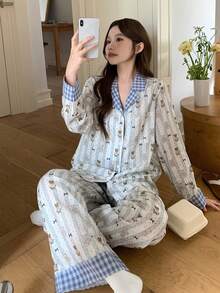 DAZY 2pcs Women Plaid Patchwork Cute Bear & Polka Dot Pattern Loose Cardigan Long Sleeve & Straight Leg Long Pajama Pants Set, Spring - Blue - View 8
