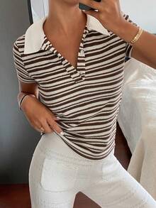 DAZY 女士半拉链插肩短袖休闲条纹T恤，夏季 - 白色 - 查看 1