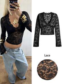 Siren Gaze 女士V领长袖性感蕾丝紧身半透明上衣 - 黑色 - 查看 9