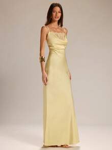 SHEIN BAE Spring/Summer Solid Yellow Satin Lace Slip Dress, Elegant Mermaid Silhouette Solid Yellow Dress Wedding Guest Dress Date Night Dress Everyday Wear Dress Graceful Dress - Yellow - View 5