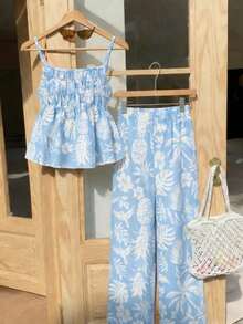 ChillGRL 2件套少女休闲甜美可爱度假风印花吊带背心搭配松紧腰阔腿裤套装，适合日常通勤、度假、姐妹街拍 - 藍色 - 查看 3