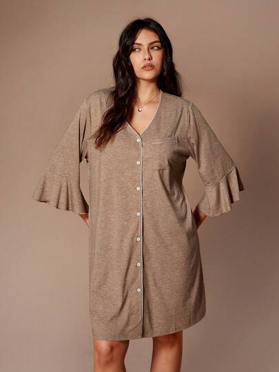 Lazeform Plus Size Soft Knit Contrast Trim Simple French Style Casual Loungewear, Nightgown/Homewear, Spring/Summer Clothing, Comfortable Set Sleepwear Women Button Front Brown Dress Women Plus Sleep Dress Button Down Nightgown Cotton Pajama Dress