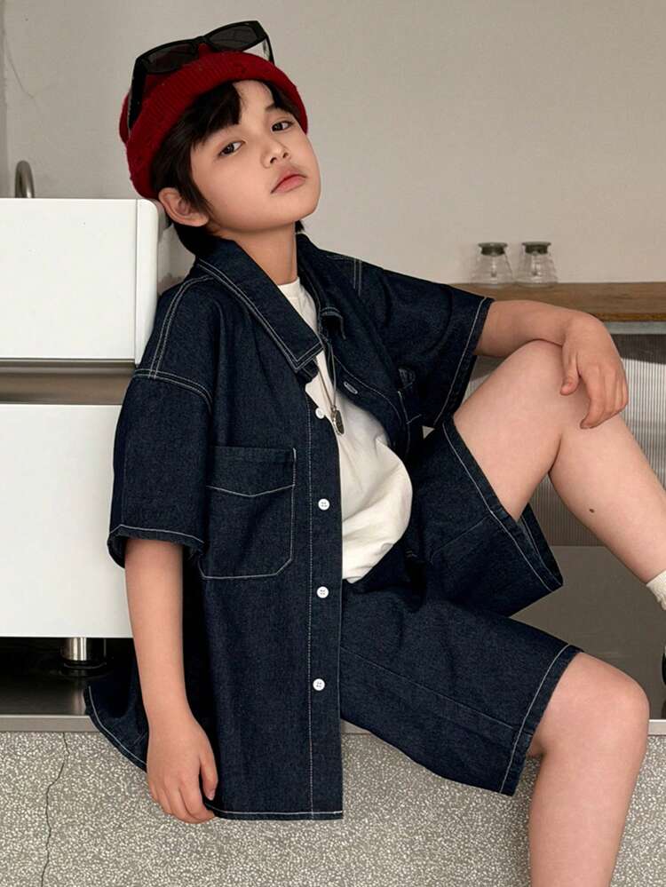 Tween Boy Summer Casual Shirt And Denim Shorts Set
