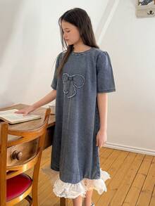 DAZY Tween Girls' Round Neck Bow Embroidered Petal Sleeve Top - Blue - View 7